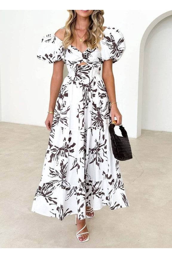 Miss Sparkling Puff Sleeve Square Neck Floral Maxi Dress- Rosa Apparel
