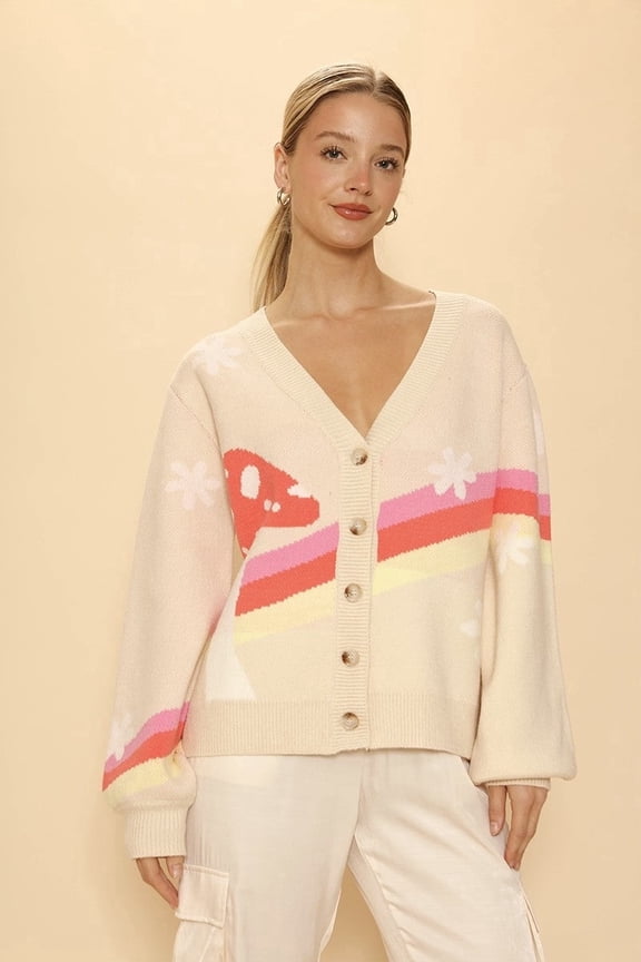 Women's Vintage Mushroom Rainbow Knit Cardigan - V-Neck Button Down Loose Sweater, Cottagecore Boho Aesthetic Knitwear (Sizes S-XL)