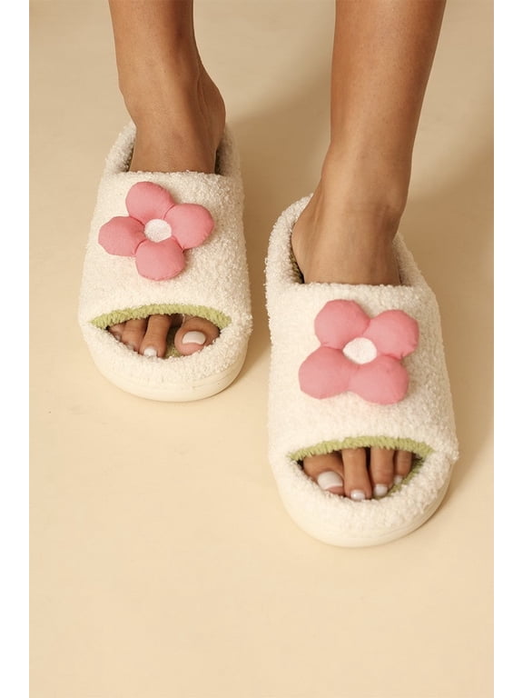 Cute Flower Plush Slippers for Women, Open Toe Fuzzy House Shoes with Memory Foam, Non-Slip Soft Slides for Indoor Outdoor, Sweet Floral Aesthetic Gifts