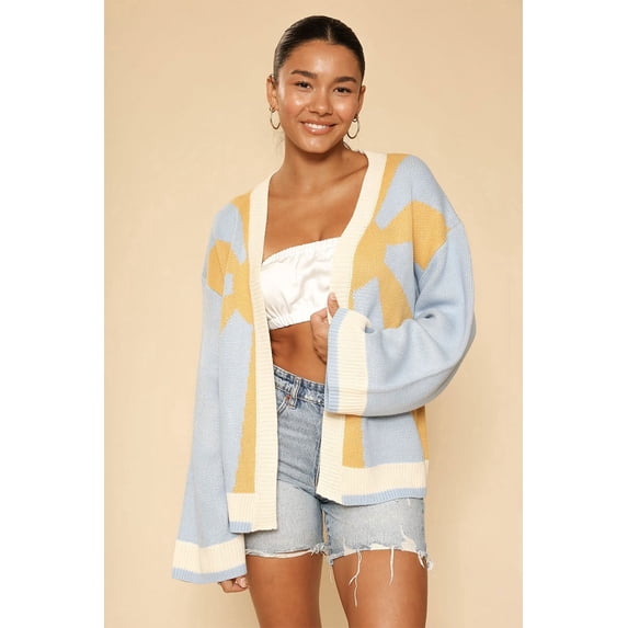 Miss Sparkling Women's Oversized Graphic Knit Cardigan - Casual Boho Open Front Color Block Sweater Loose Fit Long Sleeve Knitwear (S-XL)