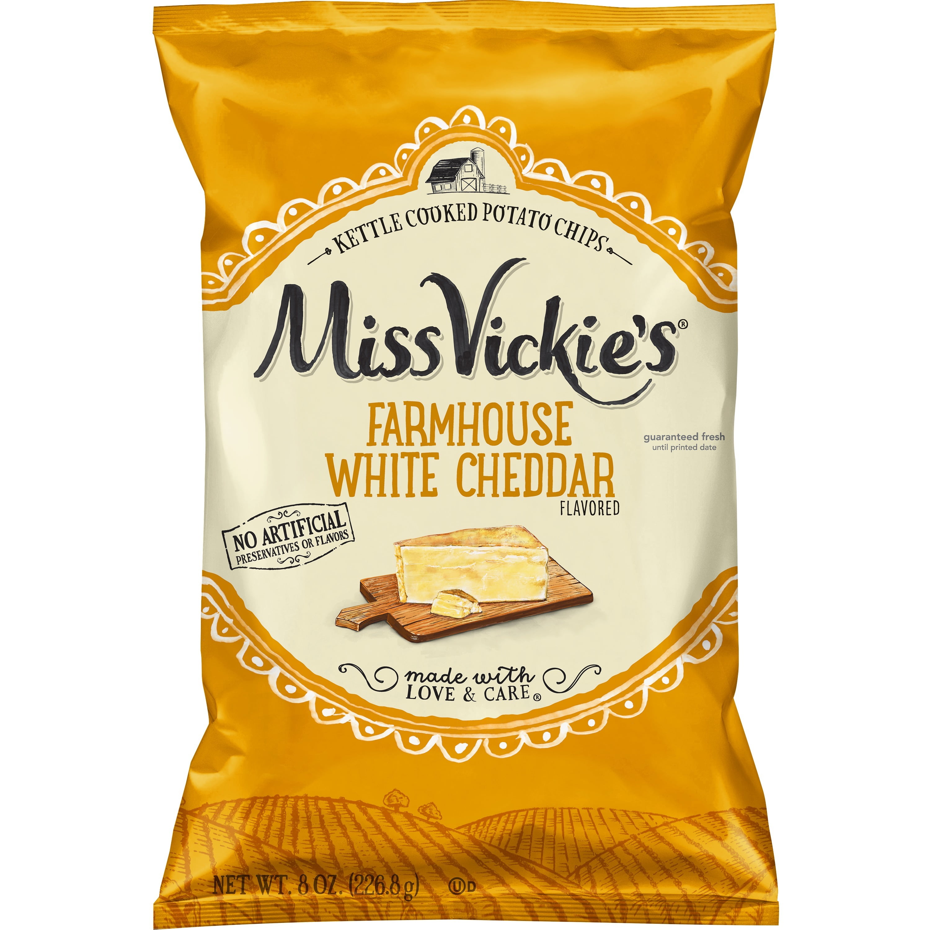 Miss Vickie's Farmhouse White Chedddar Flavored Kettle Cooked Potato Chips, 8 oz Bag