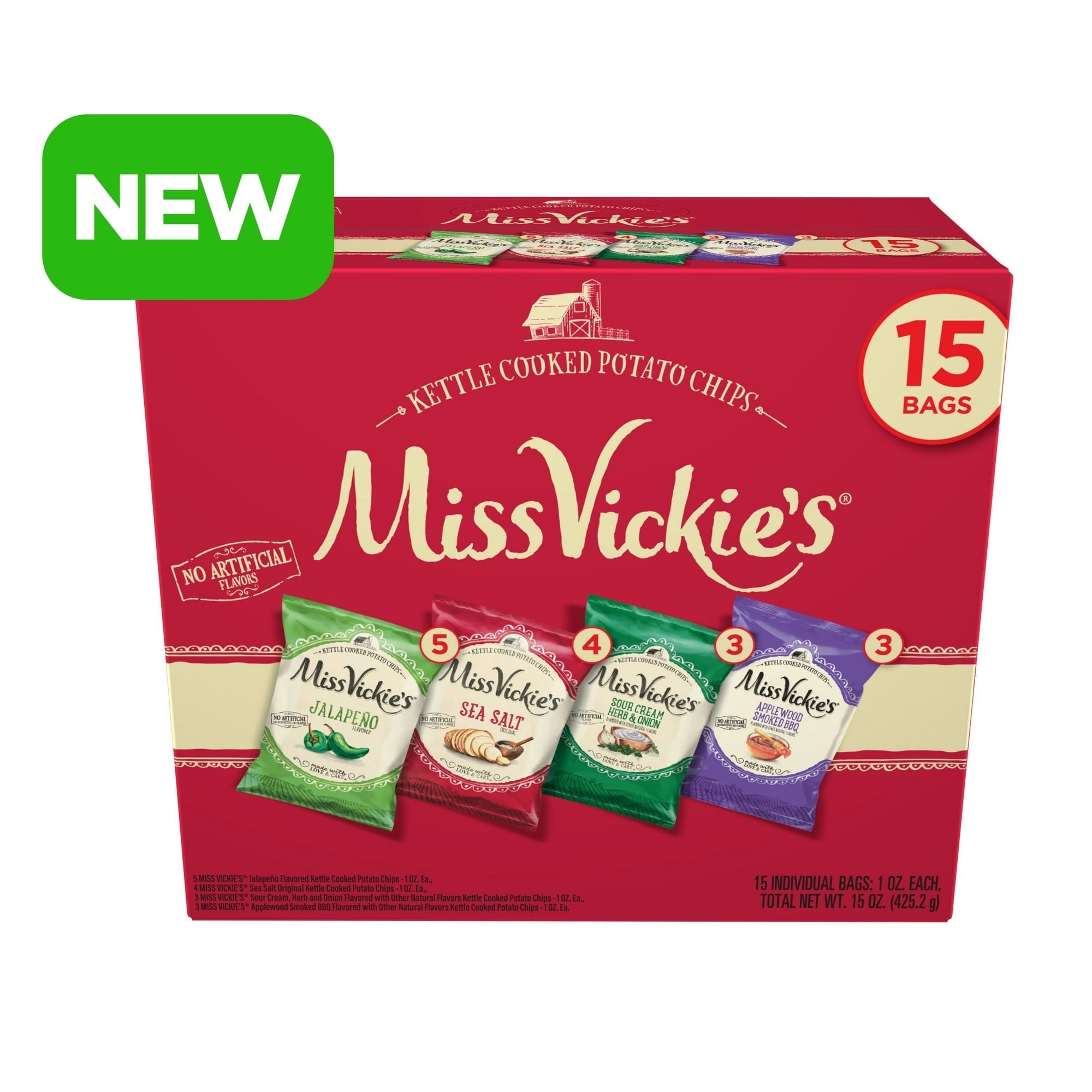 (2 pack) Miss Vickie's Kettle Cooked Potato Chips, 4 Flavor Variety Pack, 1 oz, 15 Bags