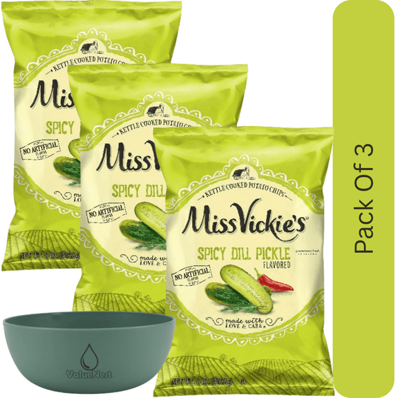 Miss Vickies Kettle Cooked Potato Chips, Spicy Dill Pickle Flavor, 8 oz Bag With Olive Green Bowl By ValueNest