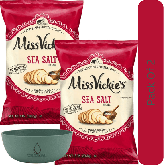 Miss Vickies Sea Salt Kettle Cooked Potato Chips, 8 oz Bag With Olive Green Bowl By ValueNest