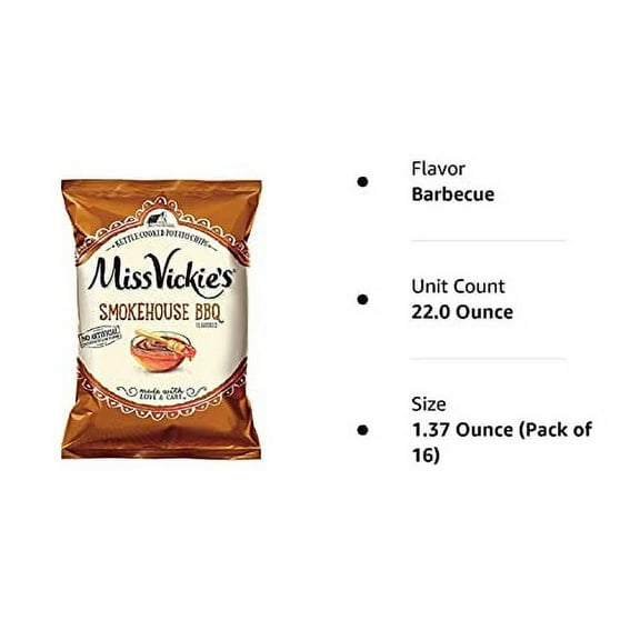 Miss Vickie's Smokehouse BBQ Flavored Kettle Cooked Potato Chips 1.375 oz Bags - Pack of 16
