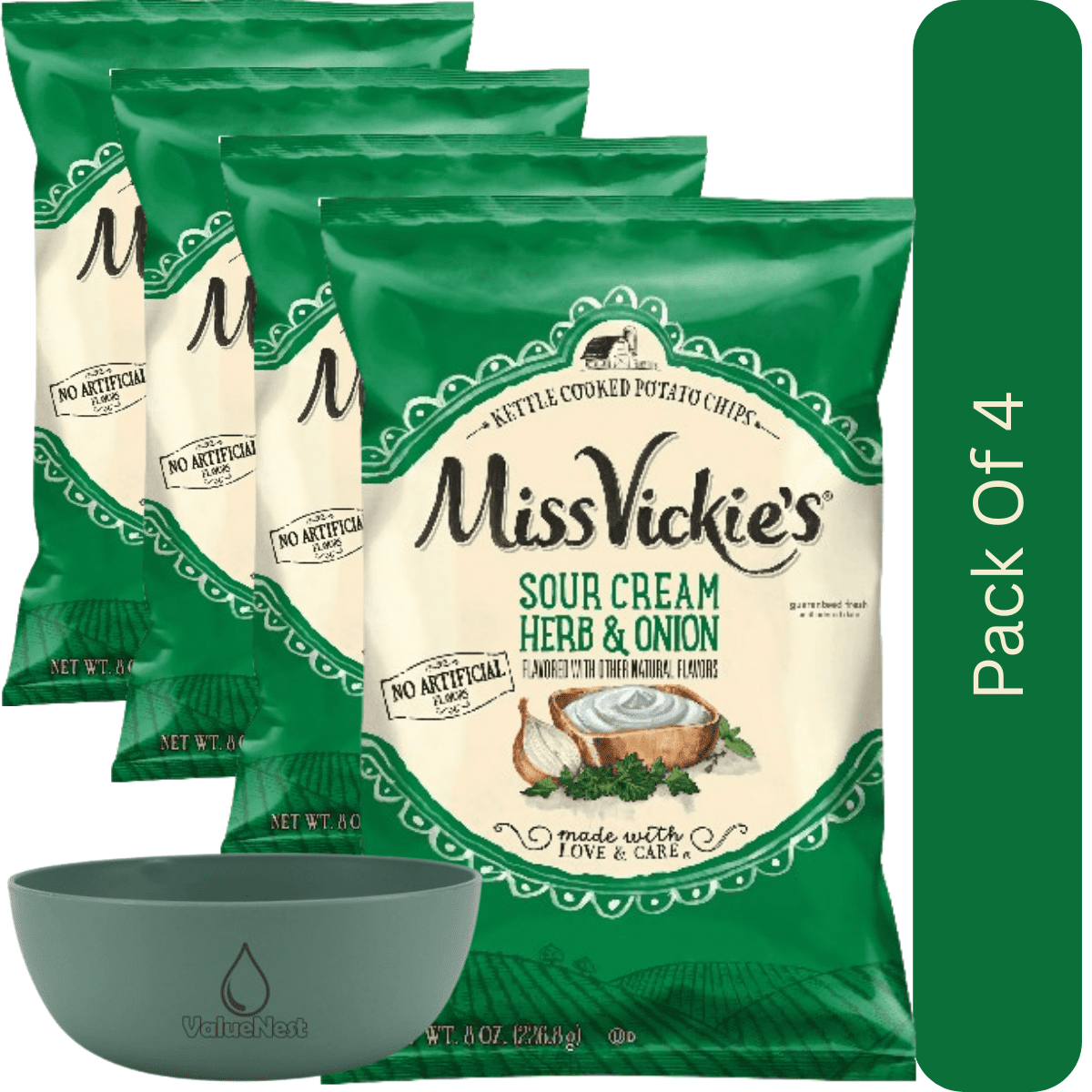 Miss Vickie’s Sour Cream & Onion Herb Kettle Cooked Potato Chips, 8 oz Bag with Olive Green Bowl by ValueNest