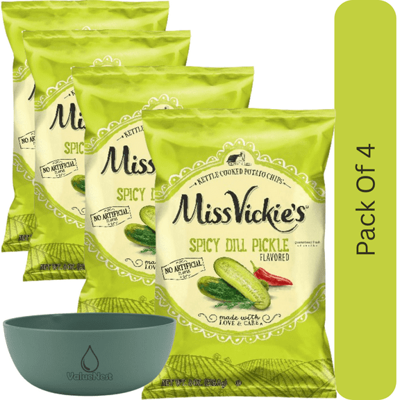 Miss Vickies Spicy Dill Pickle Kettle Cooked Chips, 8 oz Snack Bag With Olive Green Bowl By ValueNest