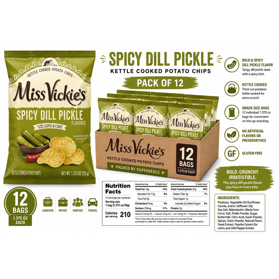 Miss Vickies Spicy Dill Pickle Kettle Cooked Potato Chips, 1.375 Oz Individual Bags, Pack of 12, Crunchy Snack Size Chips, Packed by SUPERDEALS