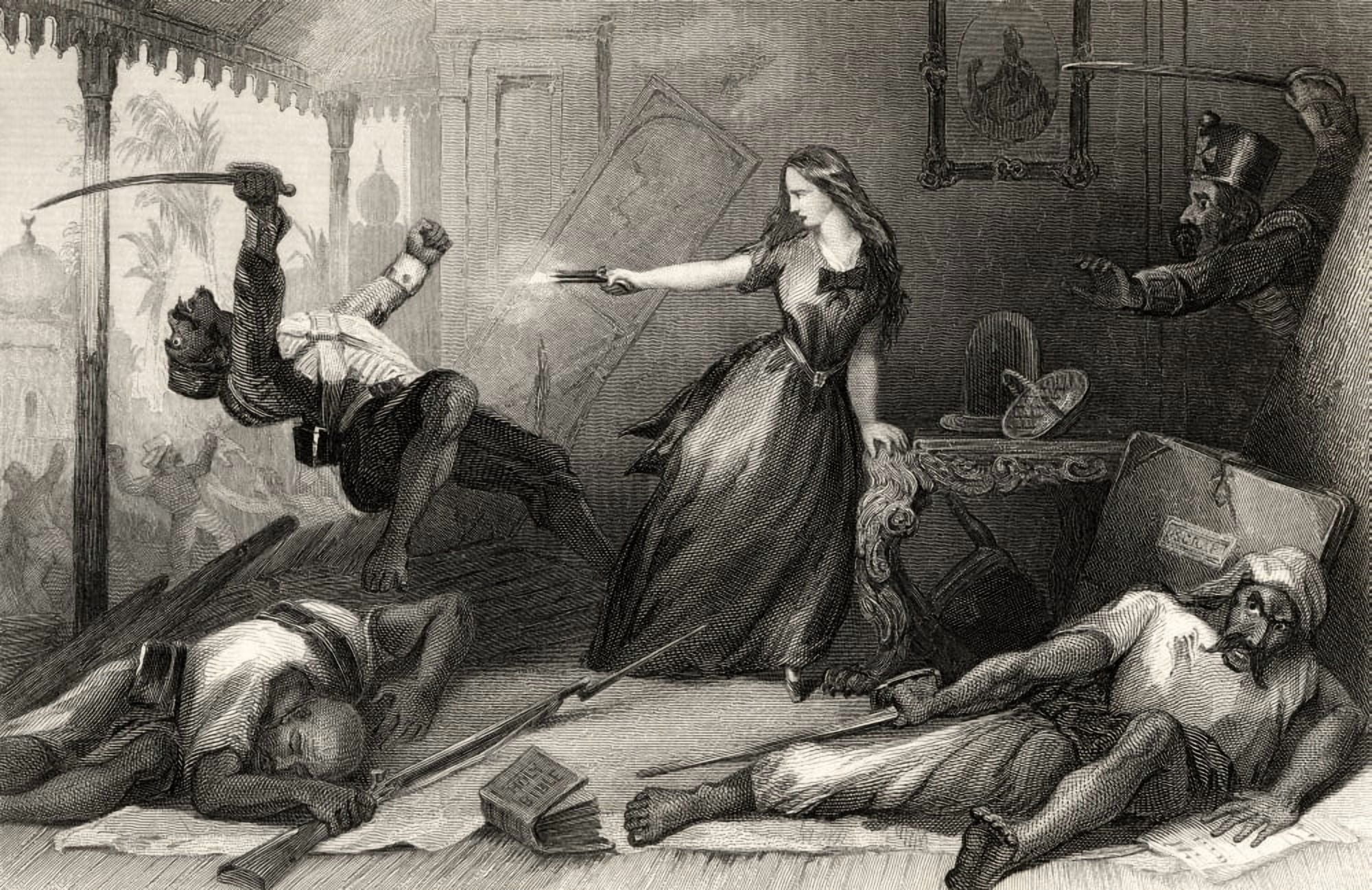 Miss Wheeler Defending Herself Against The Sepoys At Cawnpore 1857 From The History Of The Indian Mutiny Published 1858 Canvas Art - Ken Welsh Design Pics (18 x 11)
