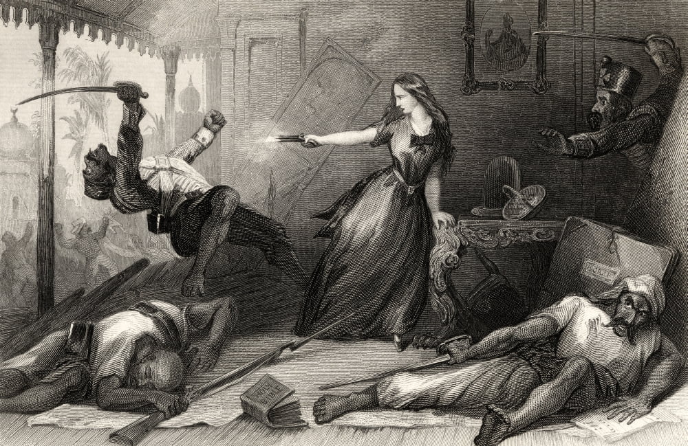 Miss Wheeler Defending Herself Against The Sepoys At Cawnpore 1857 From The History Of The Indian Mutiny Published 1858 Canvas Art - Ken Welsh Design Pics (36 x 22)