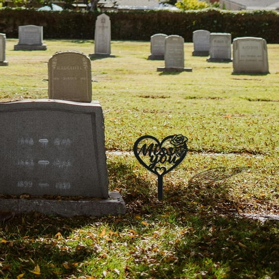 Miss You Metal Memorial Plaques Stake Heart Metal Grave Marker Large Black Weatherproof Cemetery Decorations for Grave Memorial Sympathy Gravesite Gifts for Outdoor Garden Yard Birthday