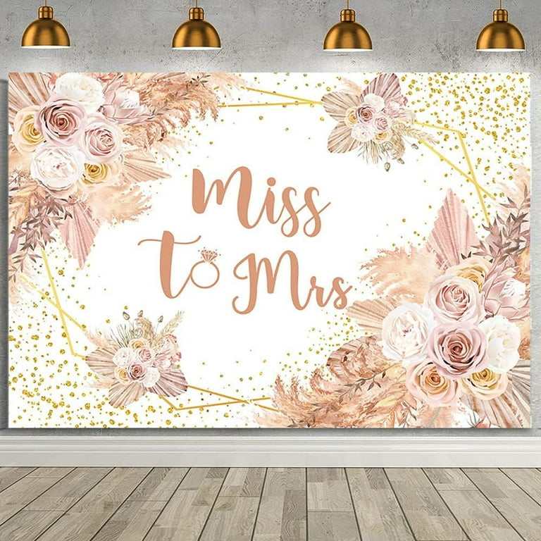 Miss To Mrs Bridal Shower Backdrop - Polyester Floral Photography Background With Pink Flowers And Green Boho Leaves For Engagement, Wedding, Party Decorations, Photo Booth Studio Props