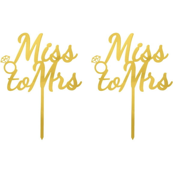 Miss to Mrs (Ring) - Love Themed Gold Cake Topper for Proposal, Wedding, Bridal Shower or Anniversary Cake (Pack of 2)