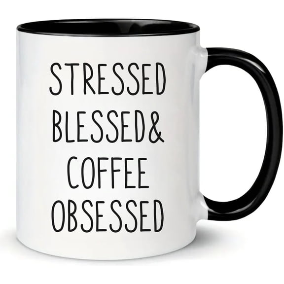 MissDaisy-Ceramic Coffee Mug Blessed Stressed and Coffee Obsessed Gift Mugs for Tea, Mugs for Latte, and Hot Chocolate