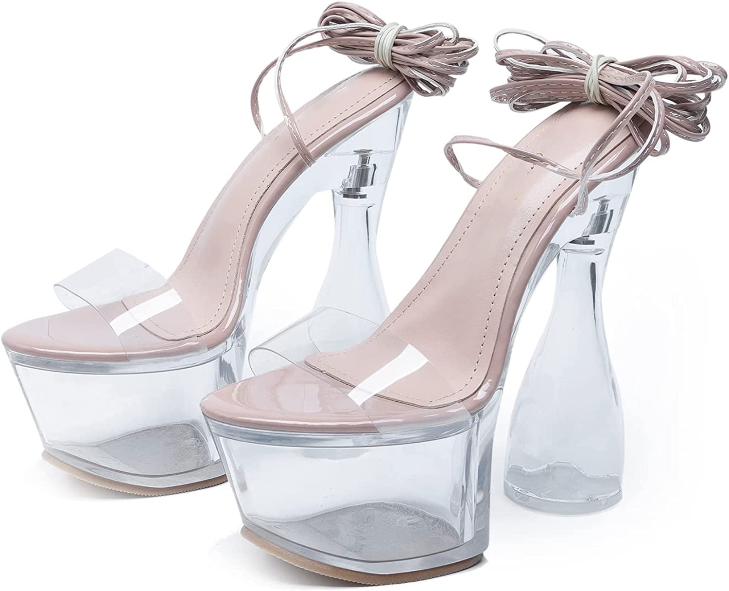 MissHeel Clear Chunky Platform Heels Lace-up Strappy Heels