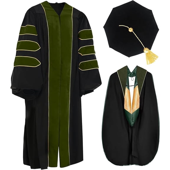 Misscom Unisex Deluxe Doctoral Graduation Gown Tam Hood with Gold Piping Doctoral Regalia