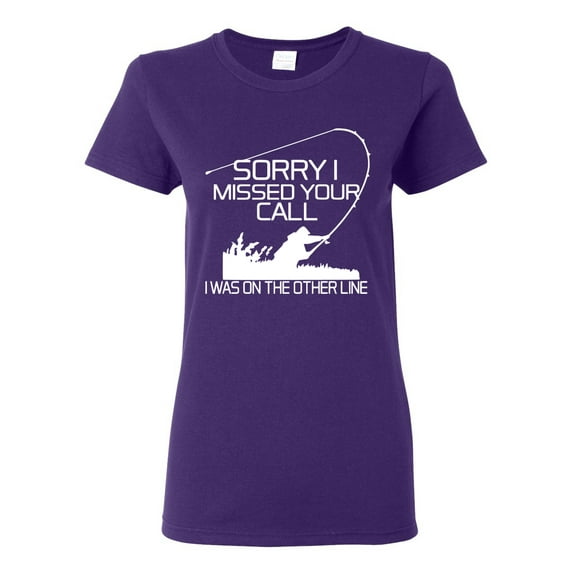 Missed Your Call Fishing Line Joke Fishing Womens Graphic T-Shirt, Purple, X-Large