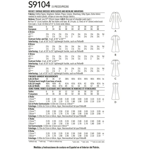 Misses' Vintage Dresses With Sleeve & Neckline Variation-6-8-10-12-14