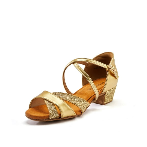 Missfiona Girls Latin Dancing Shoes Glitter Ballroom Salsa Low Heels Performance Shoes(2,Gold)