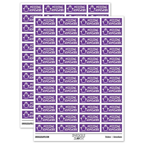 Missing Homework Penguin Teacher Student School Sticker Set - Purple - Gloss Finish - 1.25" Mini