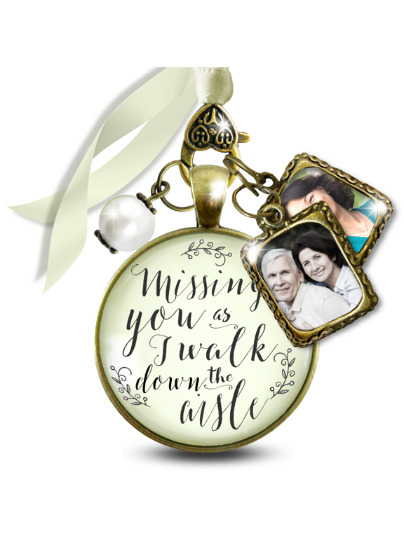 Bridal Bouquet Memorial Charm Missing You As I Walk Down the Aisle Bronze Cream Pendant Photo Frame 2 Frames