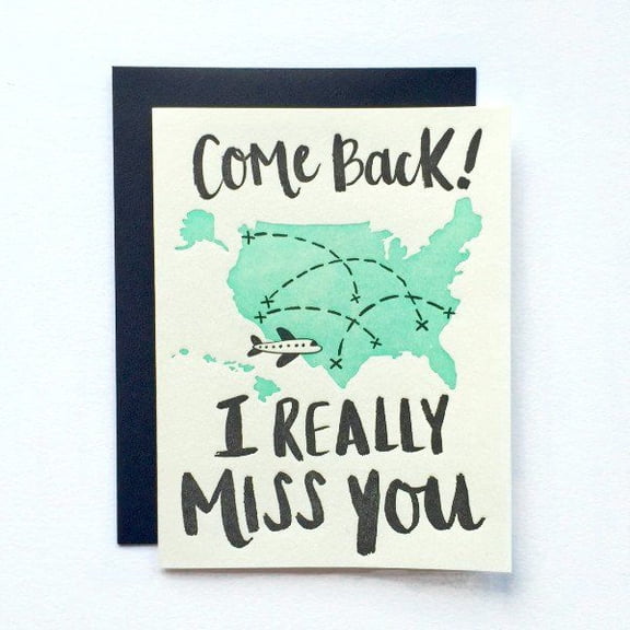 Missing You Card Come Back! I Really Miss You Design with Airplane & Map Illustration Blank Inside, Envelope Included Perfect for Friends & Loved Ones