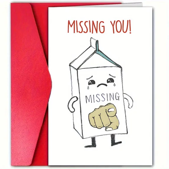 Missing You Greeting Card - Cute Milk Carton Design - Envelope Included, Blank Inside - Perfect Card for Friends and Loved Ones