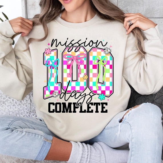 Mission 100 Days Complete Sweatshirt, Checkered 100 Days of School Pullover, Colorful Checkered Varsity Shirt, School Teacher 100 Days Sweatshirt