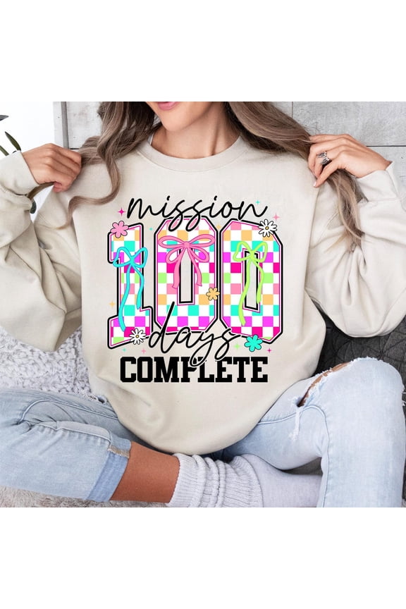 Mission 100 Days Complete Sweatshirt, Checkered 100 Days of School Pullover, Colorful Checkered Varsity Shirt, School Teacher 100 Days Sweatshirt