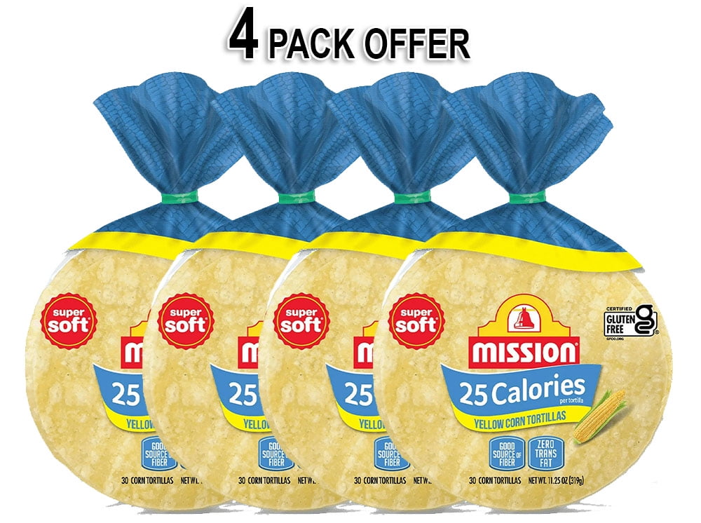 Mission 25 Calorie Yellow Corn Tortillas - 30 Count - 11.25 oz.- (Total 120 Tortillas ) - Low Calorie Corn Tortillas - Certified Gluten Free (4 Pack)