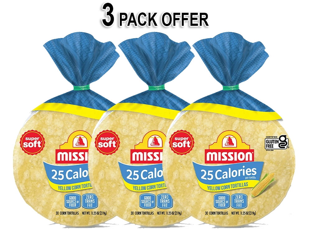 Mission 25 Calorie Yellow Corn Tortillas - 30 Count - 11.25 oz.- (Total 90 Tortillas ) - Low Calorie Corn Tortillas - Certified Gluten Free (3 Pack)