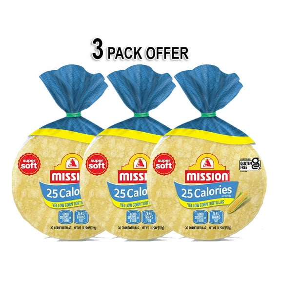 Mission 25 Calorie Yellow Corn Tortillas - 30 Count - 11.25 oz.- (Total 90 Tortillas ) - Low Calorie Corn Tortillas - Certified Gluten Free (3 Pack)