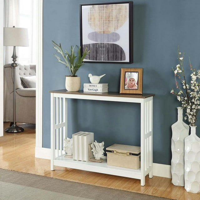 Mission 39.5 in. L x 31.5 in. H Driftwood and White Rectangle Wood Console Table with Bottom Shelf