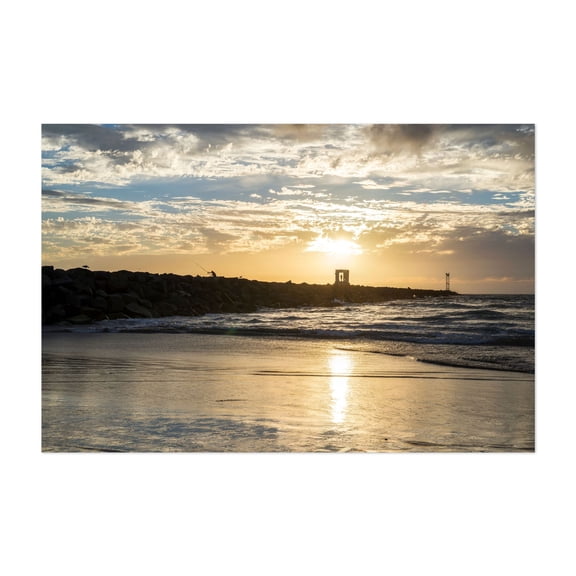 Mission Bay Channel Jetty Sunset - Photography Sunset Beach Coastal Silhouette Waves Seascape Fishing Unframed Wall Art Print 24 x 36 inches