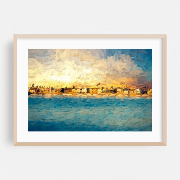 Mission Bay Park Sunset - Painterly Style - San Diego California Digital Art Beach House Coastal Sunset Ocean Abstract Landscape Minimalist Oak Framed Wall Art Print 5 x 7 inches