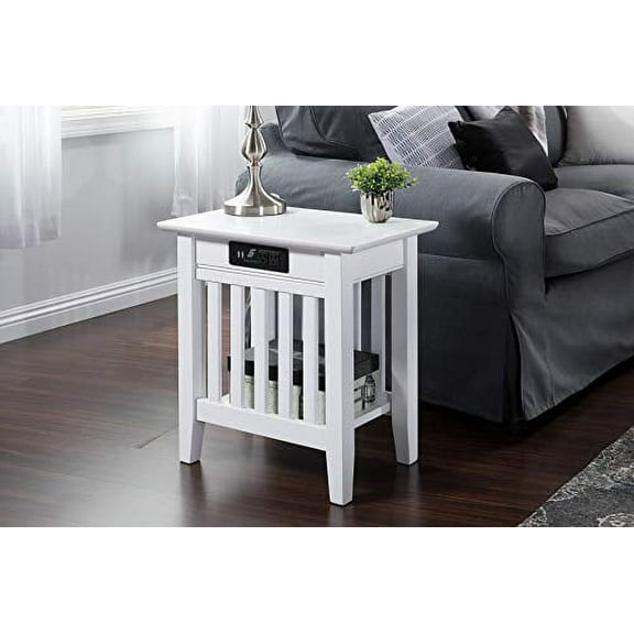 AFI Mission Solid Wood Side Table with Built, Charging Station, White