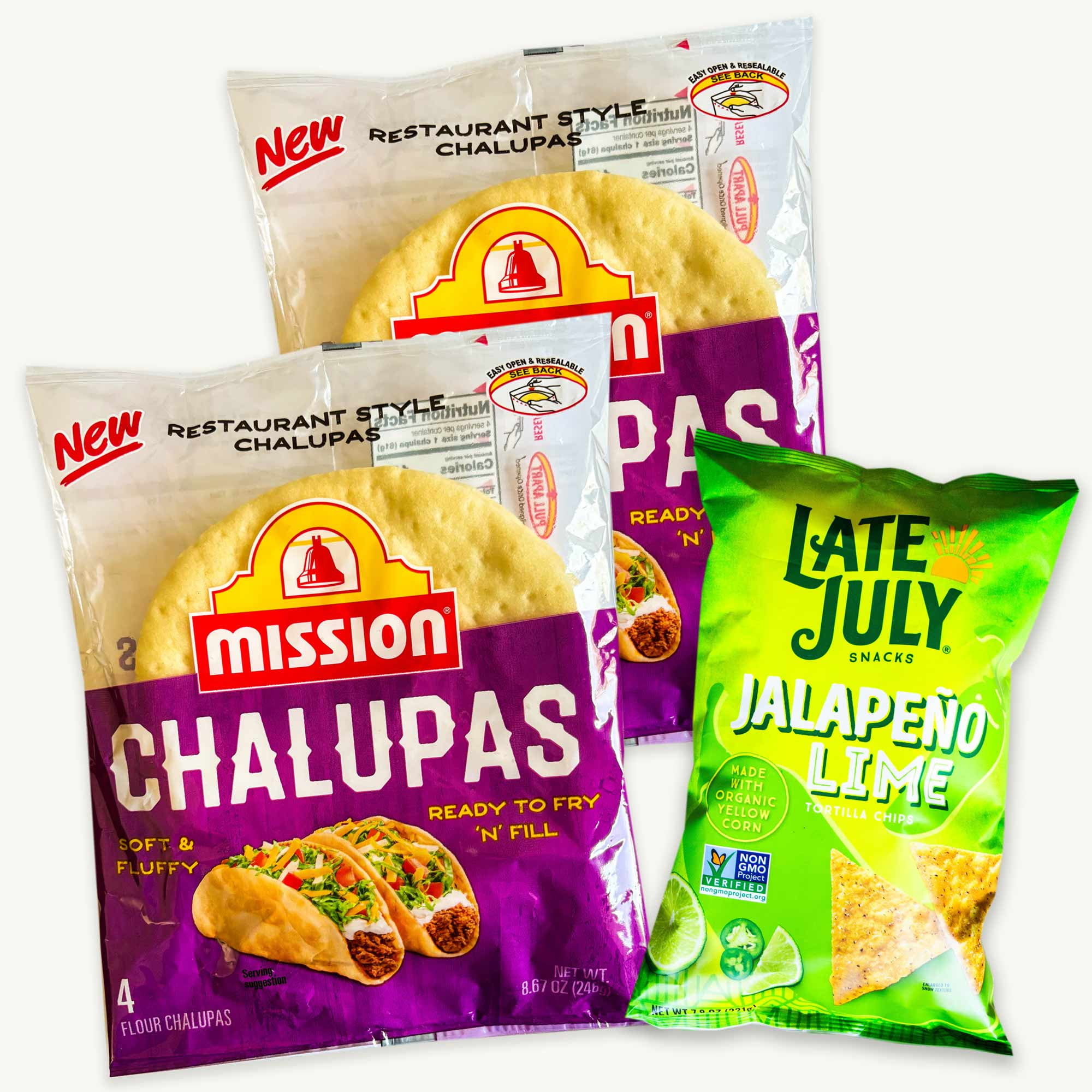 Mission Chalupas (2, 4ct pks — 8 Chalupas) - Soft and Fluffy - Jalapeno Lime Tortilla Chips (7.8oz) - 3 Items