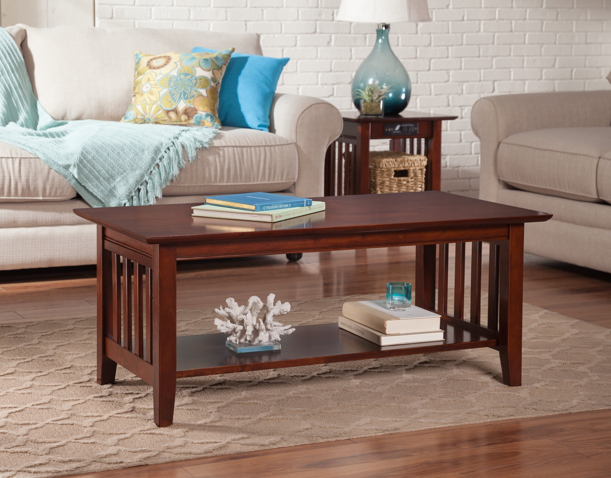 Walnut Solid Wood Rectangular Coffee Table with Shelf