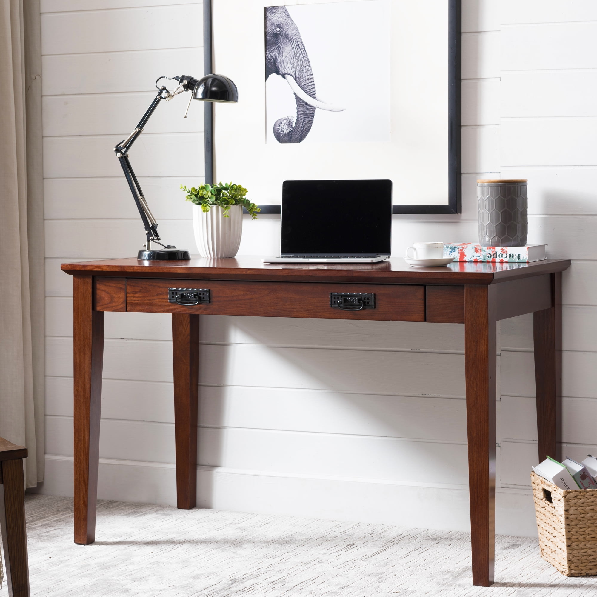 Compact Mission Oak Desk with Drop Front Keyboard Tray and Drawer