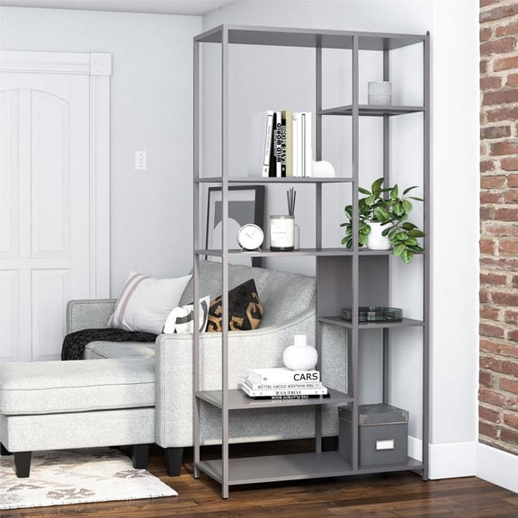 Mission District Metal Bookcase Room Divider 6 Shelves Open Back Gray Powder Coated