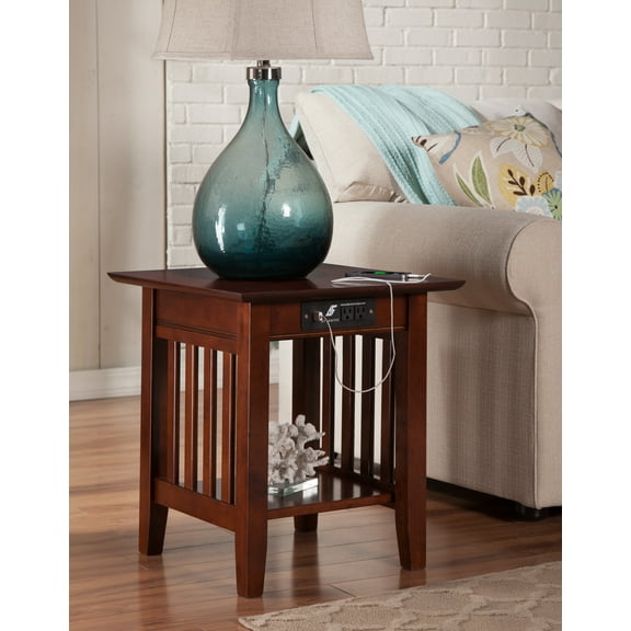 AFI Mission Solid Wood End Table with Built-In Charging Station, Walnut