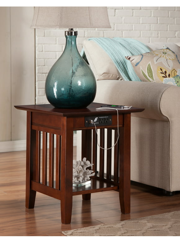 Mission End Table with Charging Station in Walnut or Caramel