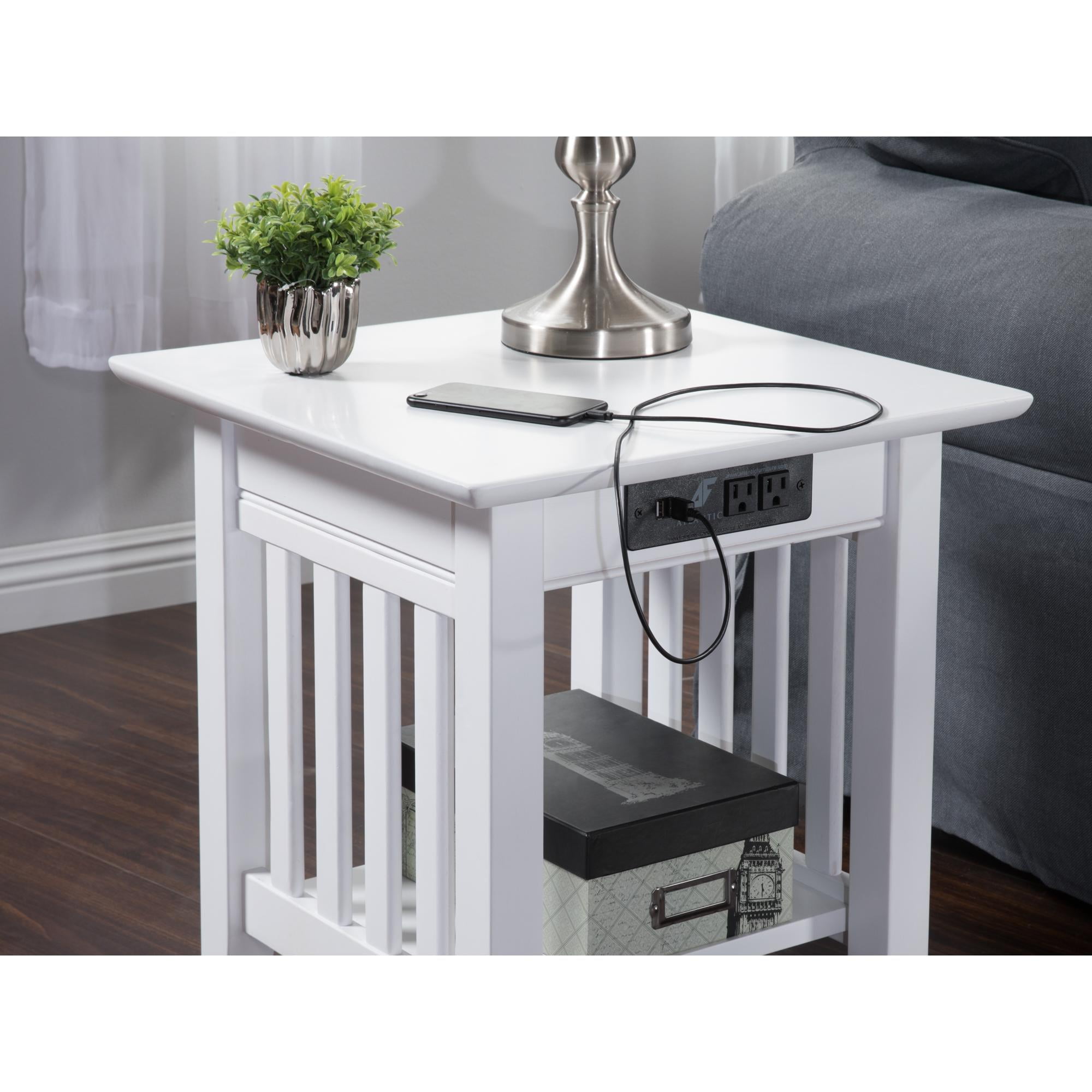 White Mission End Table with Charging Station
