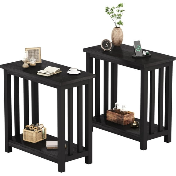 Mission End Tables Set of 2, Narrow Side Tables for Small Spaces, Night Stands with Storage Shelf for Living Room and Bedroom, Black