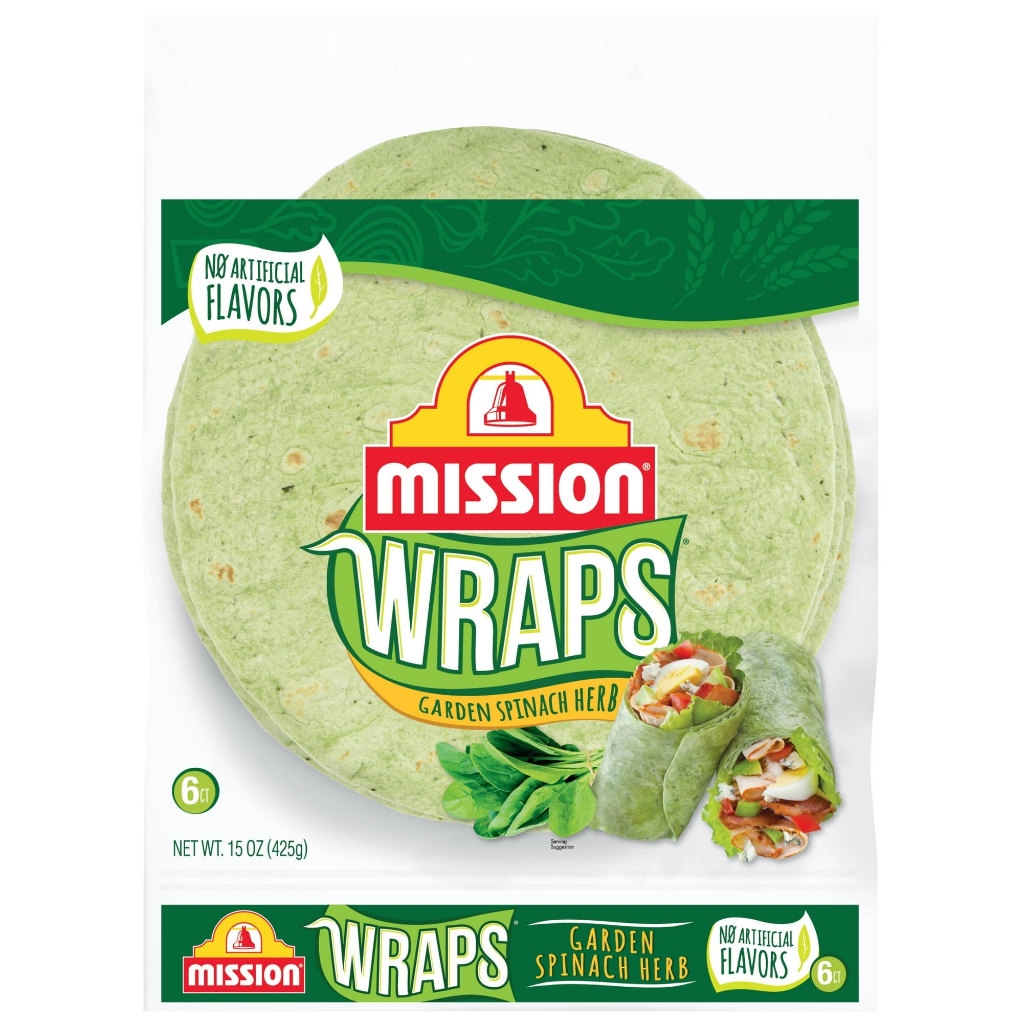 Mission Garden Spinach Herb Wraps, 15 oz, 6 Count (Pack of 8)