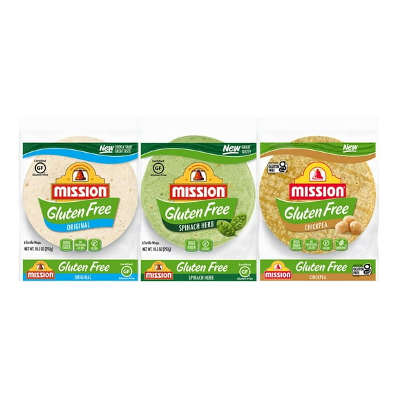 Mission Gluten Free Tortilla Variety Pack - Original, Spinach Herb, & Chickpea - Three 6 Packs (18 Gluten Free Tortillas) - 8" Soft Taco Size Vegan Friendly Tortilla Wraps