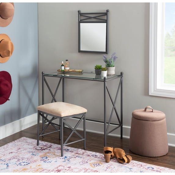 Linon Mission Hills Metal and Glass Vanity Set in Gray