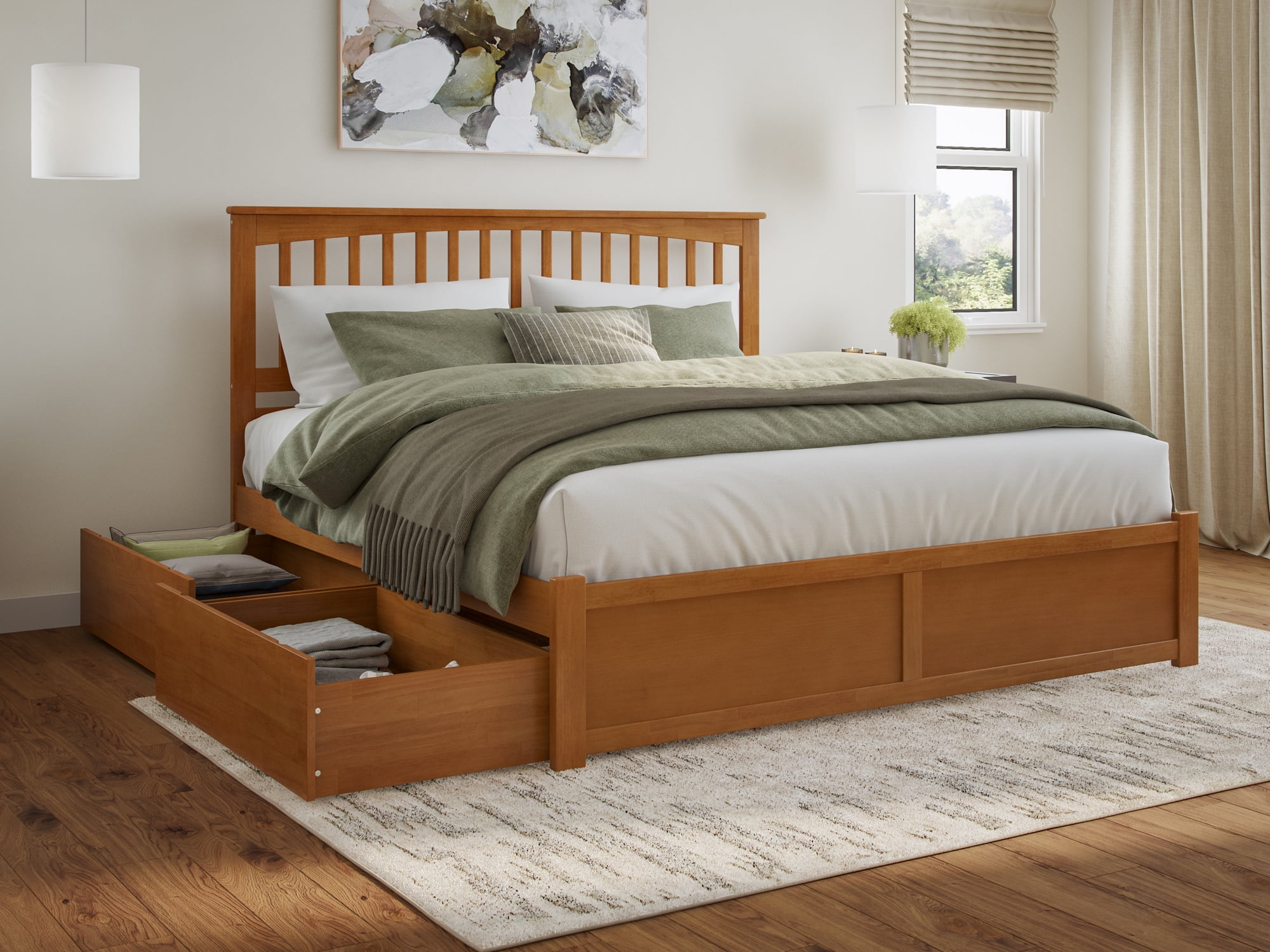 King Light Toffee Solid Wood Platform Bed with Storage Drawers