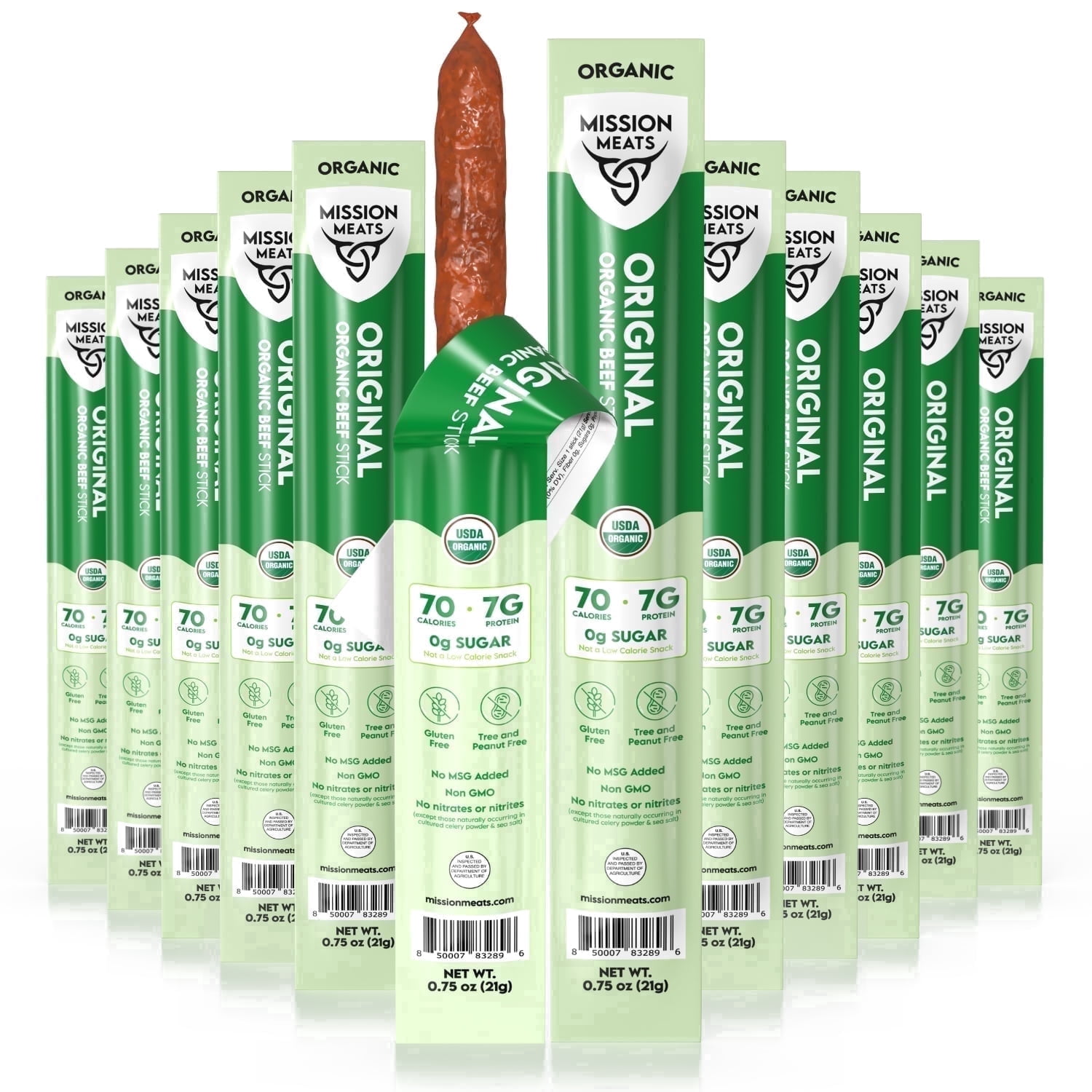 Mission Meats USDA Organic Grass-Fed Beef Sticks, Zero Sugar, 7g Protein, 0.75 oz (12ct)