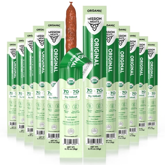 Mission Meats 100% Certified Organic Beef Sticks – Pasture-Raised, Zero Sugar, Non-GMO, Healthy Individually Wrapped Meat Sticks Snack, 0.75oz (24 Count)